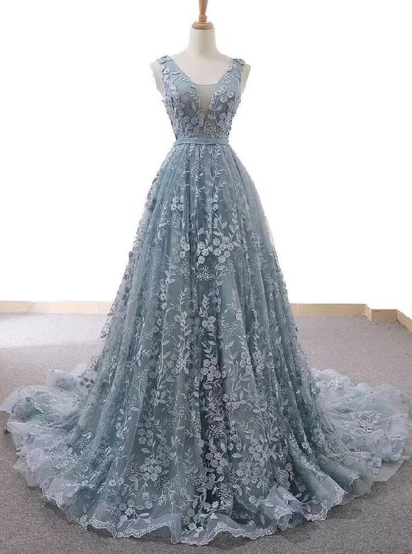 Holiday Attire Sale Feminine Charm Dusty Blue Tulle Long Prom Dress With Appliques Formal Gown OP653