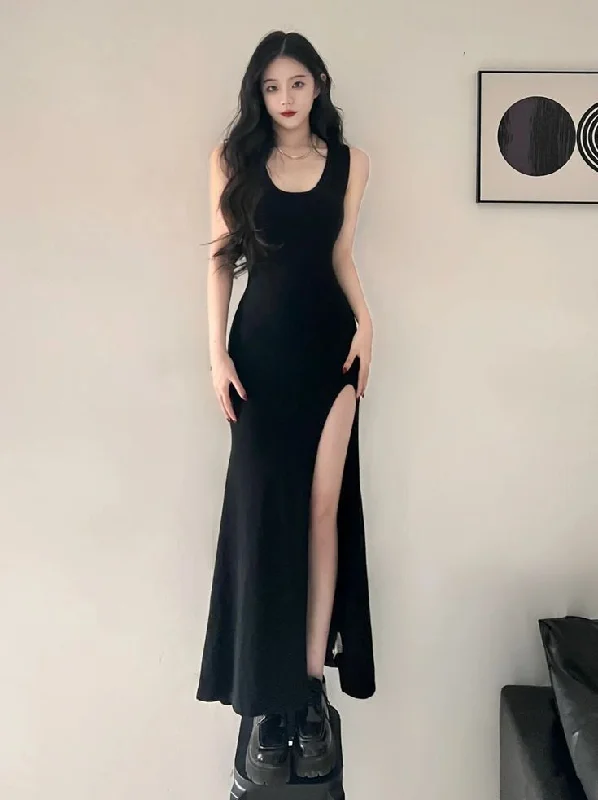 Luxury Casual Deals Timeless Elegant Classic Black Sleeveless Prom Dress with Split,Black Party Gown Y4360