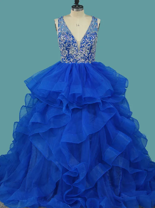 Effortless Style, Endless Impact Dreamy Aesthetic Princess Quinceanera Blue Tulle Beaded Bodice Ball Gown Prom Dress With Ruffles