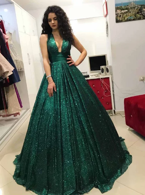 Comfort Meets Fashion Vibrant Prints Sparkly Sequins Ball Gown Dark Green V-neck Prom Dress OP724