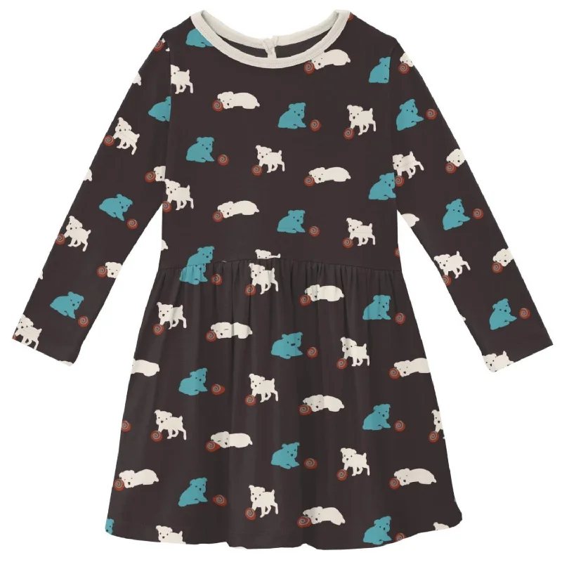 Style Without Limits Big Savings On Minimalist Office Styles Girl's Bamboo Print Long Sleeve Twirl Dress In Midnight Puppy