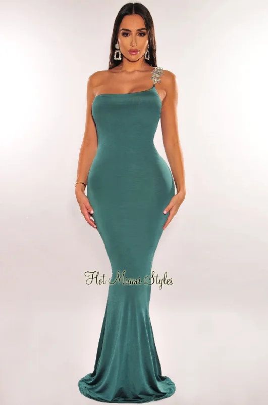 New In This Season Ethnic Cultural Event Wear Emerald Rhinestone Silky One Shoulder Gown