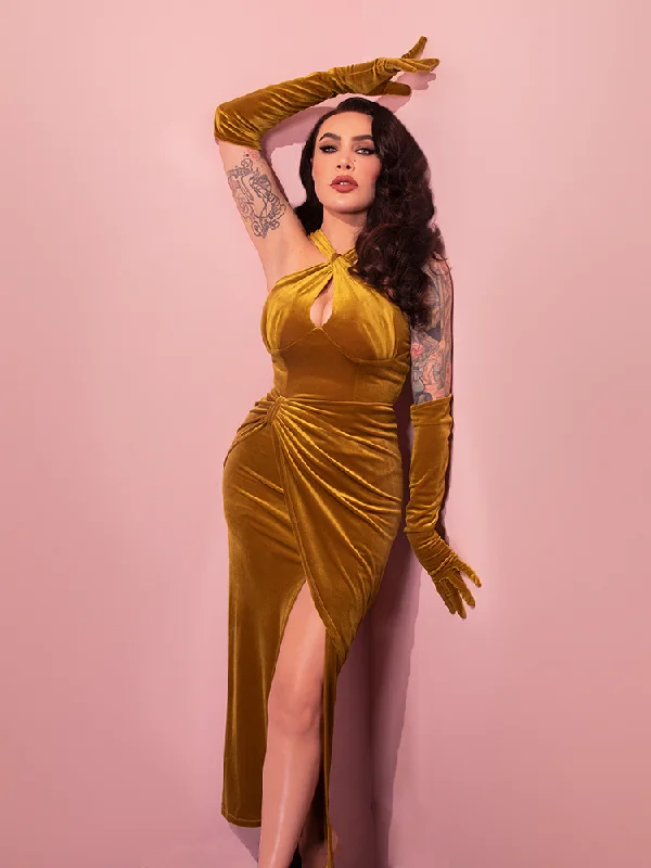 Chic And Trendy Floral Style PRE-ORDER - Golden Era Gown and Glove Set in Gold Velvet - Vixen by Micheline Pitt