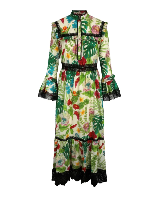 Imeless Style Charming Silhouette Floral-Print Lace-Trim Muslin Dress