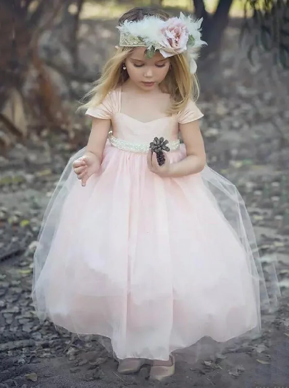 Crazy Price Slashing Y2K Nostalgic Fashion Look Tulle Short Sleeves Blush Pink Ball Gown Flower Girl Dress With Pearls OF127