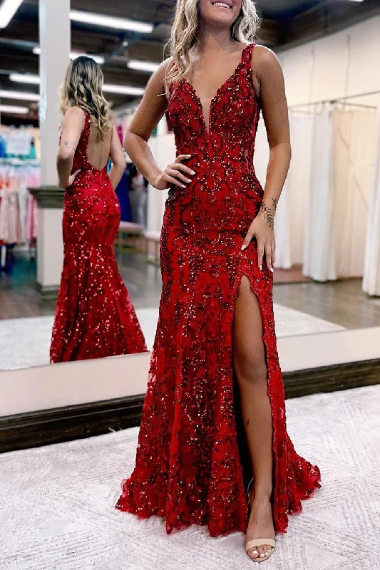 Sale Event, Prices Rock Cottagecore Rustic Charm Style Red Gorgeous V-neck Straps Bodice Evening Gown Prom Dress with Slit