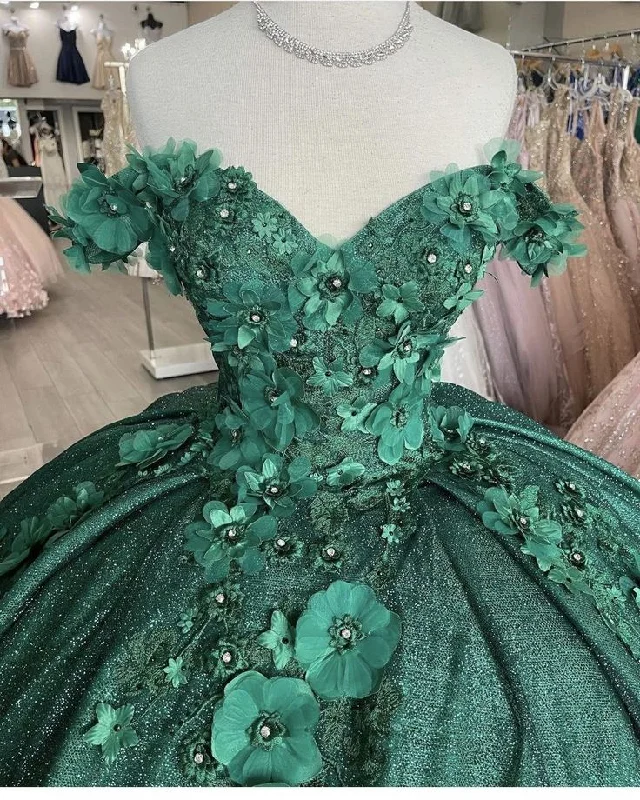 Sophisticated Style Offers Limited - Edition Drops Off The Shoulder Green Ball Gown With Flowers Sweet 16 Dress Y4436