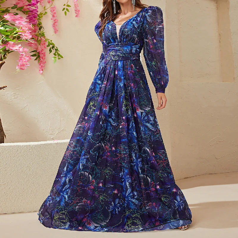 New Season Fashion Preview Sale Elegant Attire Chiffon Long Sleeve V Neck Printed Blue Gown