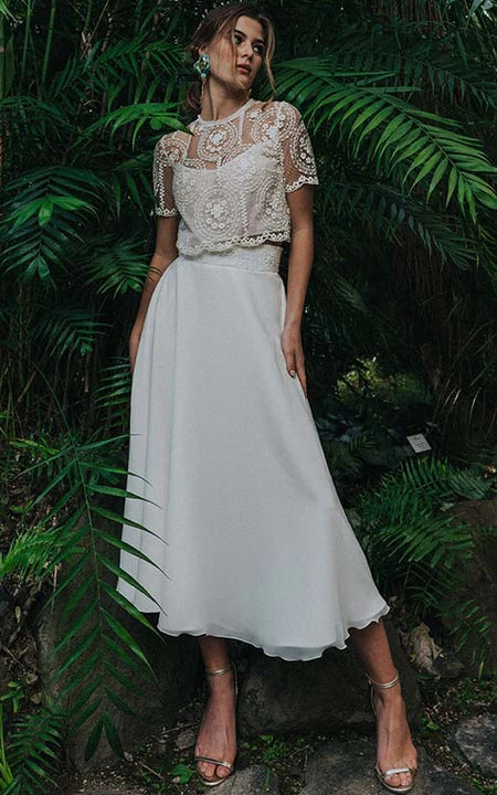 Urban Elegance Deals Rustic Countryside Charm Look Vintage Two Piece Short-sleeve Tea-length Chiffon Wedding Dress with Lace Top