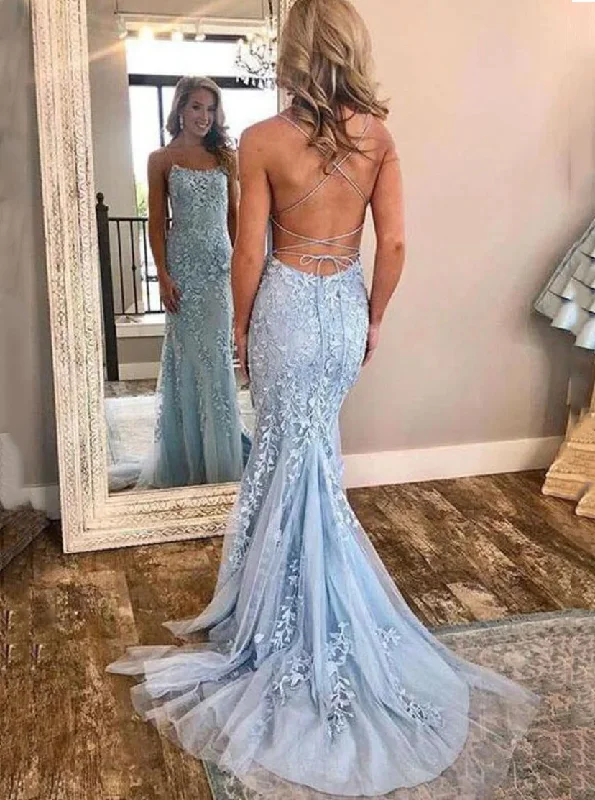 Exclusive Deals Online Exquisite Craftsmanship Mermaid Backless Prom Dress Lace Spaghetti Straps Evening Gown