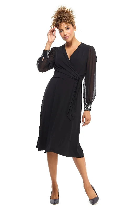 Premium Style Offers Polished Finish London Times - T4547M V-Neck Long Sleeves A-Line Dress