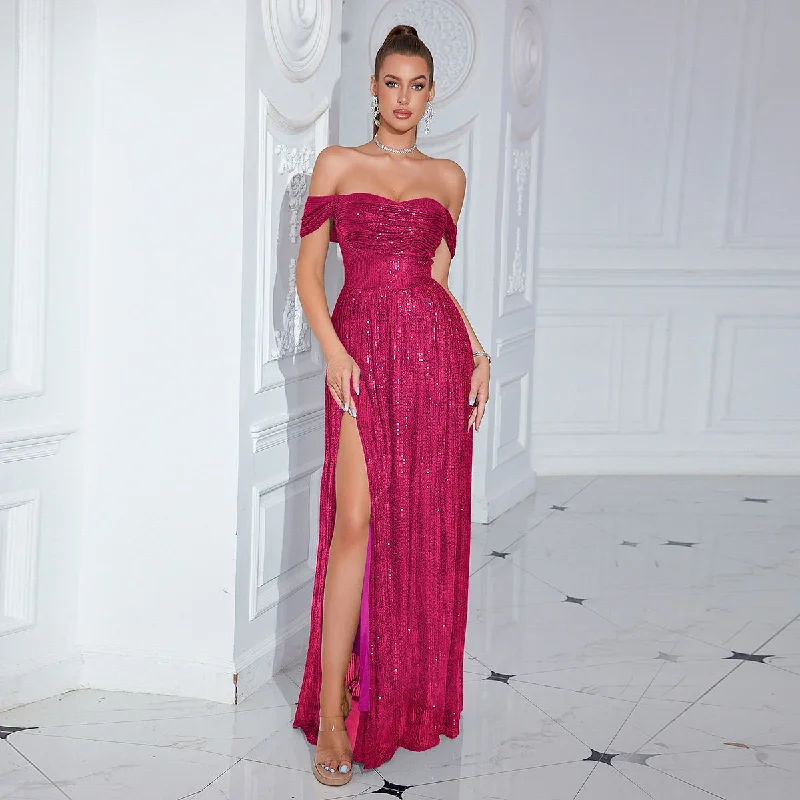 Summer Deals Elegant Ensemble Sequin Off Shoulder High Slit Gown