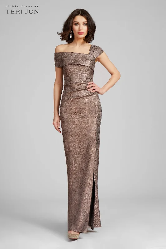 Bold Style Discounts Flowing Silhouette Metallic Jacquard Asymmetrical Shoulder Gown