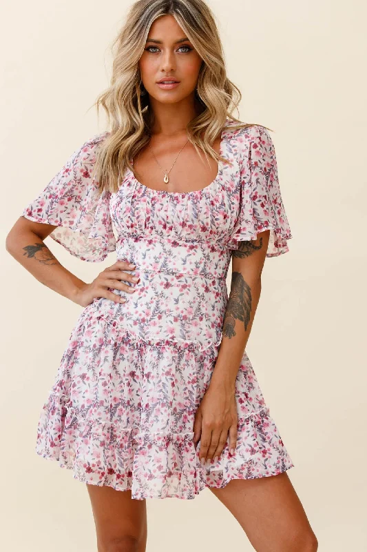 Hot Styles Tropical Island - Inspired Attire Stolen Moments Angel Sleeve Ruffle Dress Floral Print Pink Multi