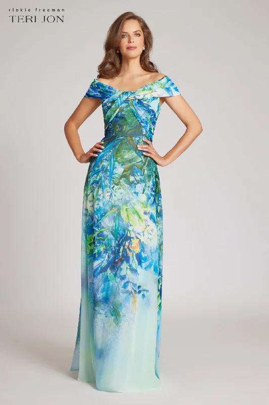 Playful Fashion Offers Alluring Design Chiffon Off The Shoulder Print Gown