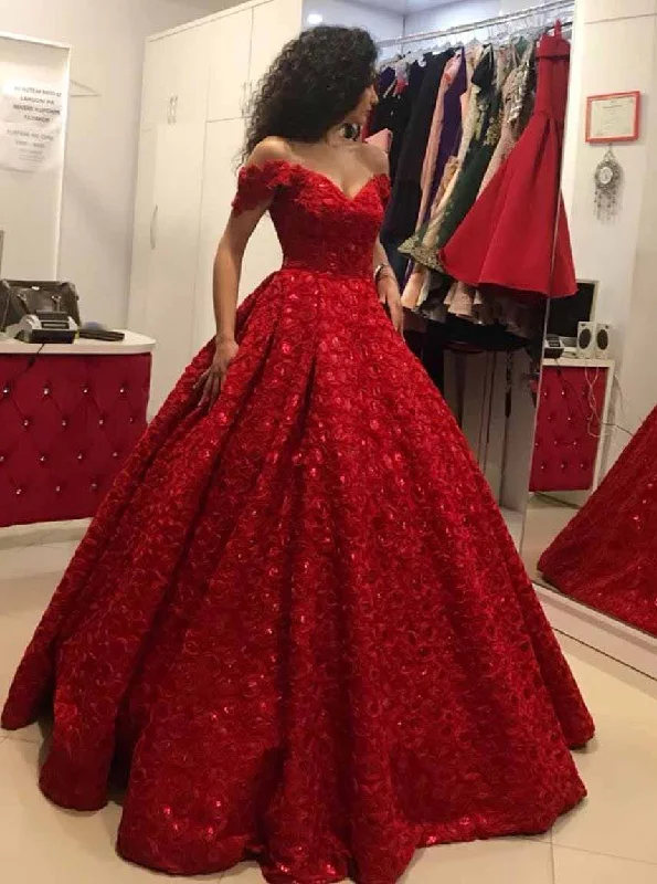 Durable Fashion Picks Casual Elegance Elegant Ball Gown Off the Shoulder Red Prom Quinceanera Dress OP726