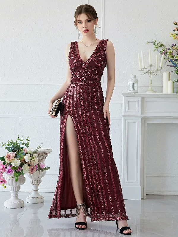 Find Your Unique Flair Save On Classic Elegant Styles Burgundy Elegant Sequined Formal Gown