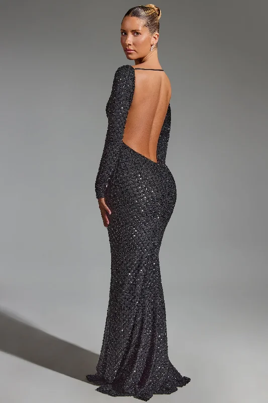 Bid Farewell To The Old Season Effortless Comfort Embellished Open-Back Gown in Black