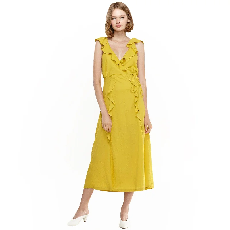 Casual Chic Ethnic Cultural Event Wear Women's Ruffle Trim Wrapped Maxi Dress in Mustard