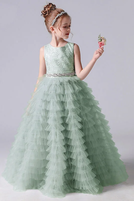 Fashion Forward Luxe Layering A-Line Sleeveless Tulle Layers Princess Flower Girl Gown With Belt