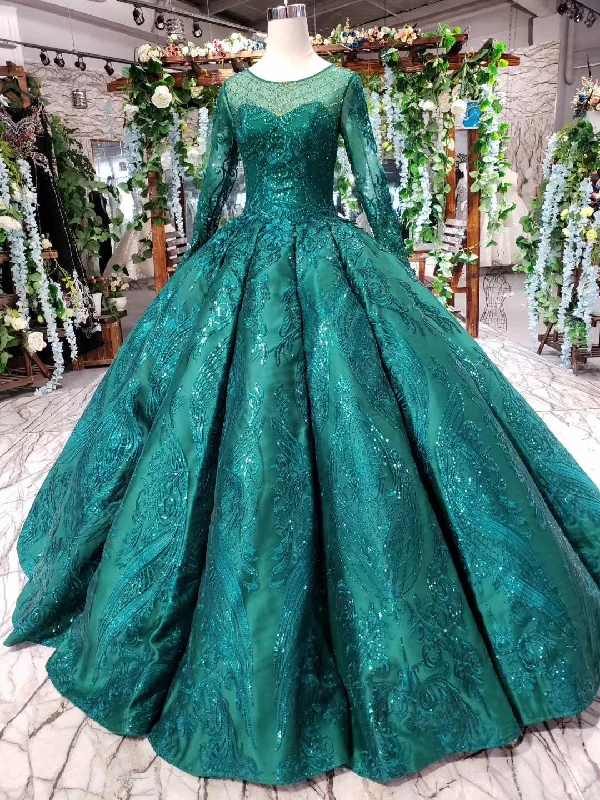 Mega Sale Everyday Glamour Princess Green Quinceanera Gown Beaded Appliques Long Sleeves Ball Gown OP721