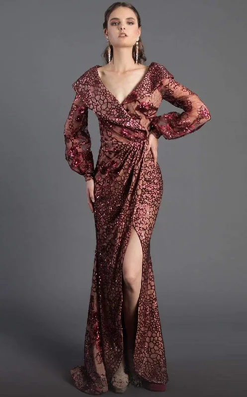 Relaxed Style Deals Hollywood Glam Award - Show Style MNM COUTURE - Sequined Long Sleeve V-neck Trumpet Dress 2417 - 1 pc Burgundy In Size 6 Available