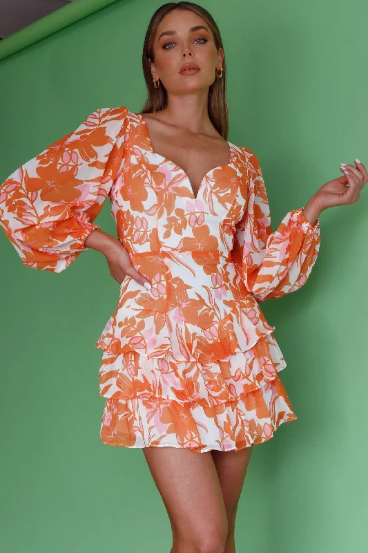 Glamorous Fashion Offers Bold Silhouette Romance Novel Long Sleeve Tied Back Floral Dress Orange