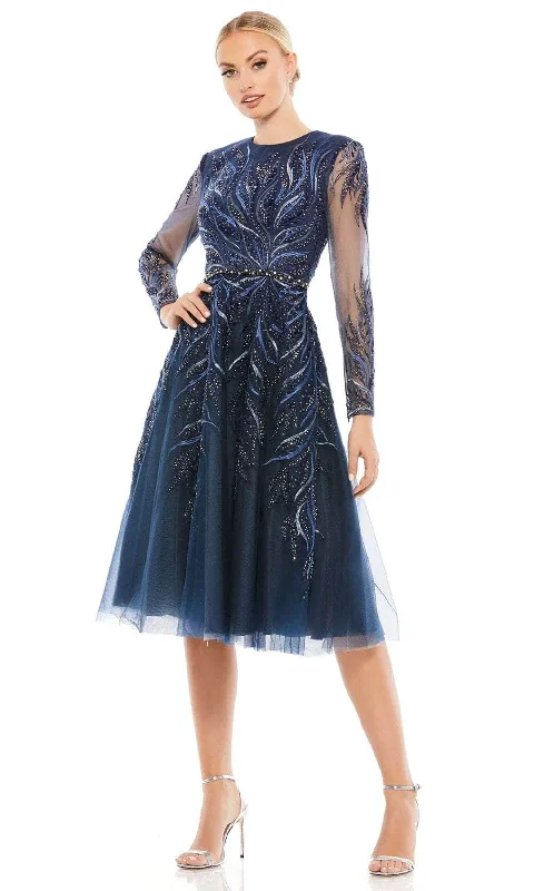 Fashion-Forward Offers Romantic Flair Mac Duggal 11136 - Long Sleeve Beaded Knee-Length Dress