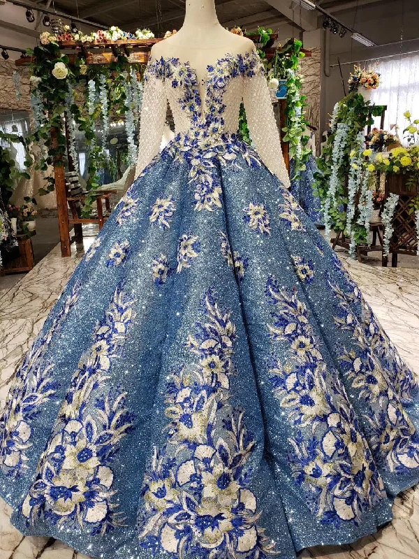 End-Of-Season Clearance Modern Romance Glitter Beaded Appliques Long Sleeves Blue Ball Gown Quinceanera Gown OP720