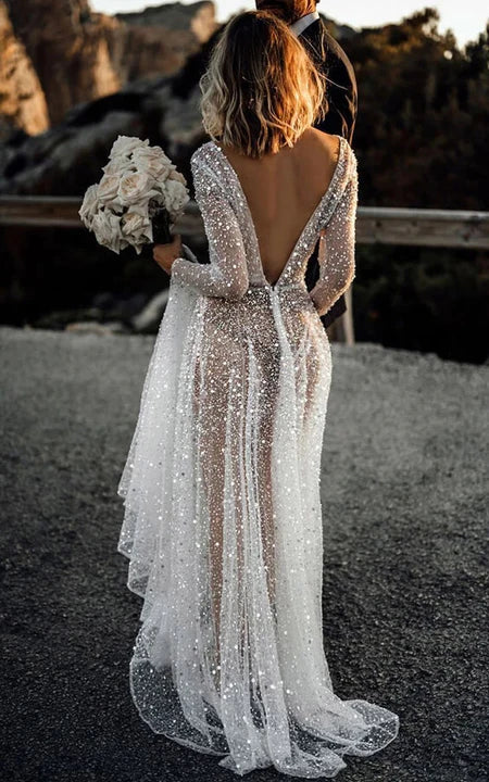 Edgy Fashion Deals Summer Fashion Sexy Illusion Beaded Ethereal Sheath Long Sleeve Plunged Dress