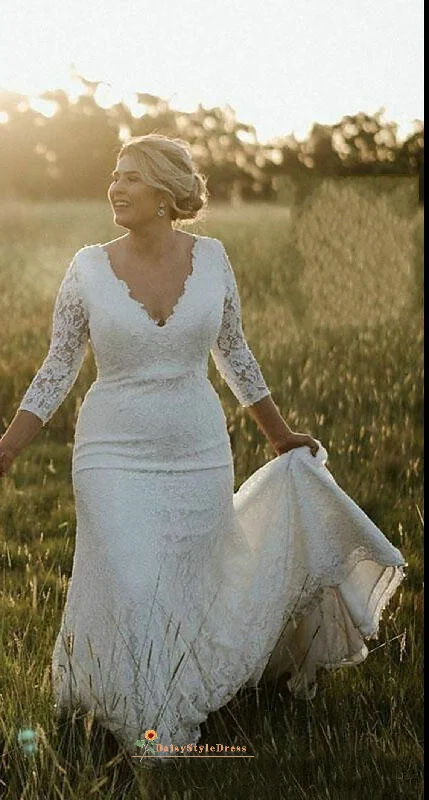 Premium Style Offers Soft Textures Fit and Flare Long Sleeve Lace Plus Size Wedding Dress