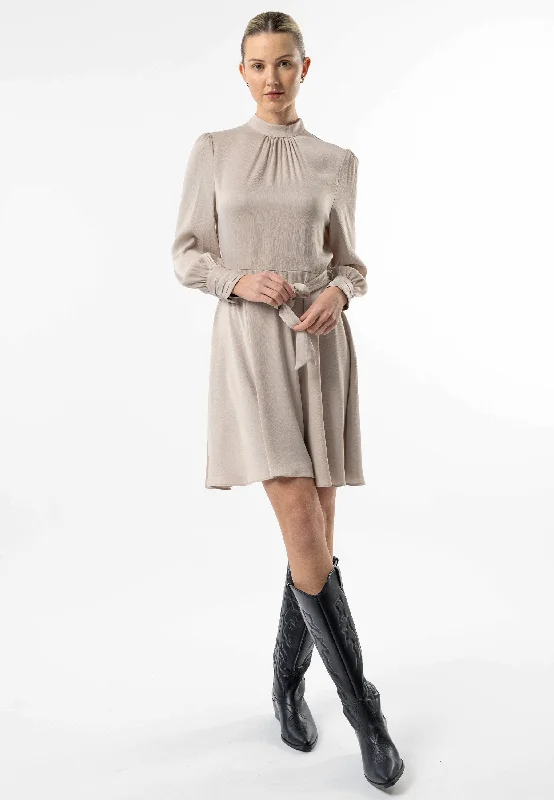 Browse Our Top Products Minimalist Chic Satin High Neck Mini Dress with Tie Waist in Beige