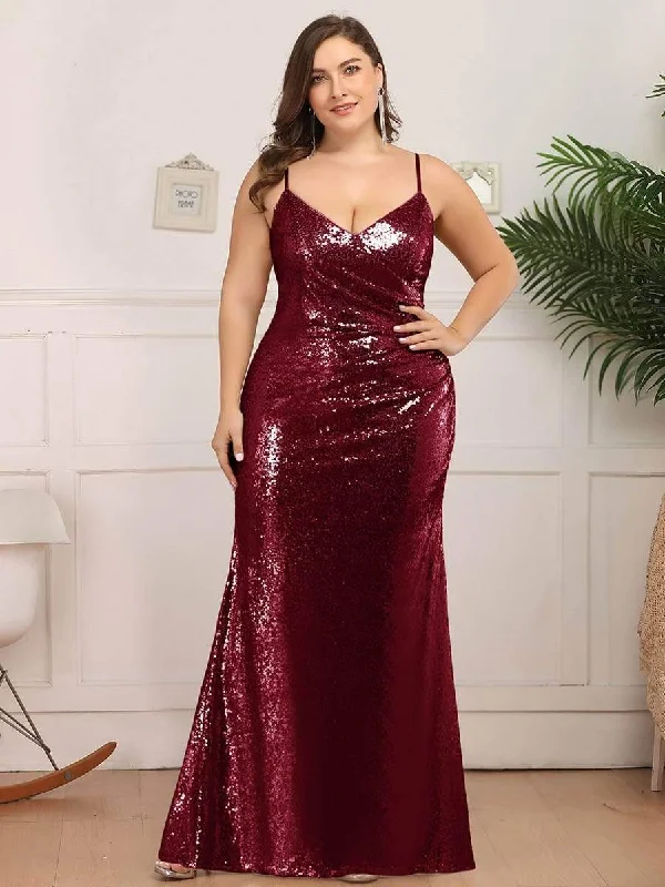 Clearance Event Alluring Design Sexy Spaghetti Straps Plus Size Sequin Evening Gowns for Women