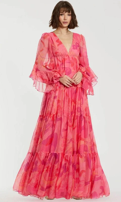 Vintage-Modern Style Offers Flowing Silhouette Mac Duggal 68782 - Balloon Ruffle Long Sleeve Printed Long Dress