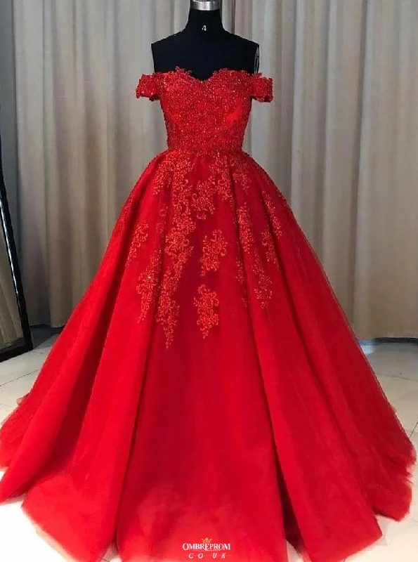 Additional Time-Limited Offers Parisian Effortless Chic Style Red Ball Gown Tulle Off-the-shoulder Lace Appliques Long Prom Dress OP532