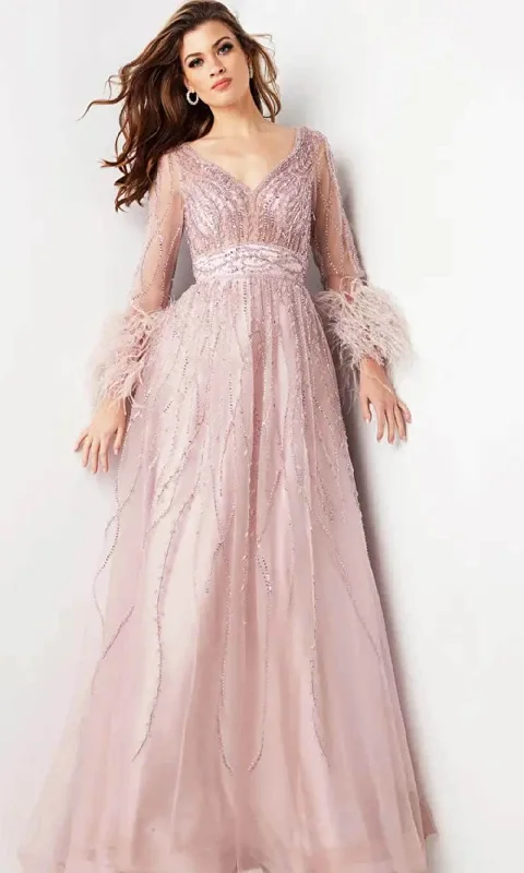 Enjoy Discount Today Only Jovani 38583 - Feather Embellished Long Sleeve Prom Dress