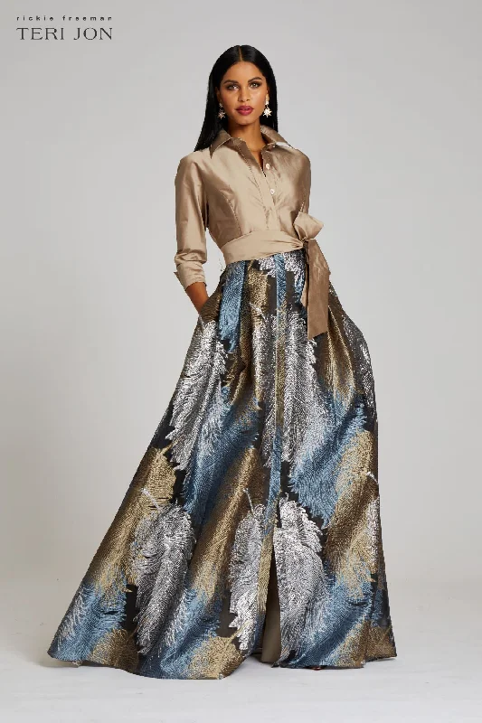 Modern Chic Discounts Polished Finish Taffeta Shirt Gown With Feather Pattern