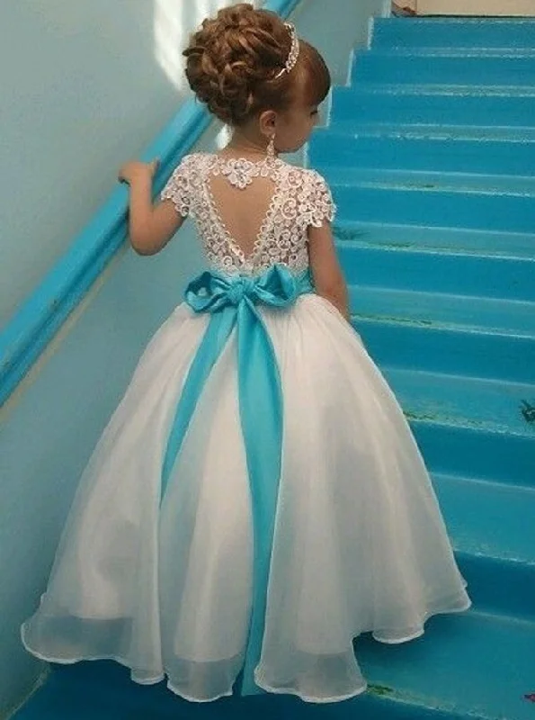 Special Offer For You Today Only Cap Sleeves Ball Gown Jewel Lace Flower Girl Dress With Ribbon Bowknot OF106