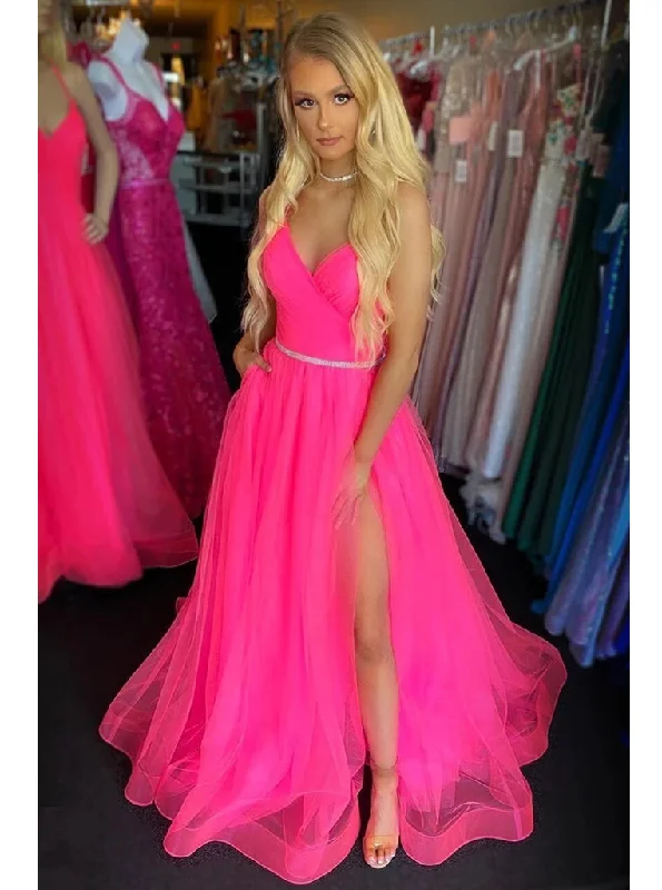 Unbeatable Prices Graceful Drape Fuchsia Backless Long Prom Dresses With Split Tulle Graduation Gown PO364