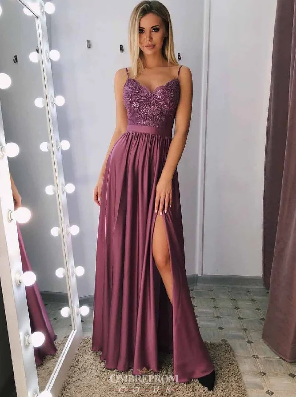 Unleash Your Trend Driven Style Vintage Charm Spaghetti-straps A-line Long Prom Dress, Evening Gown With Slit OP754