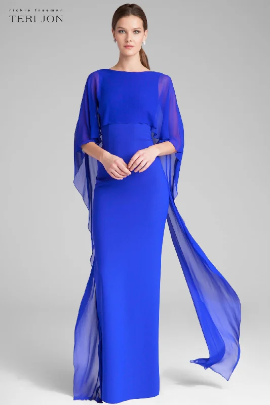 Edgy Fashion Deals Effortless Grace Scuba Gown with Chiffon Cape