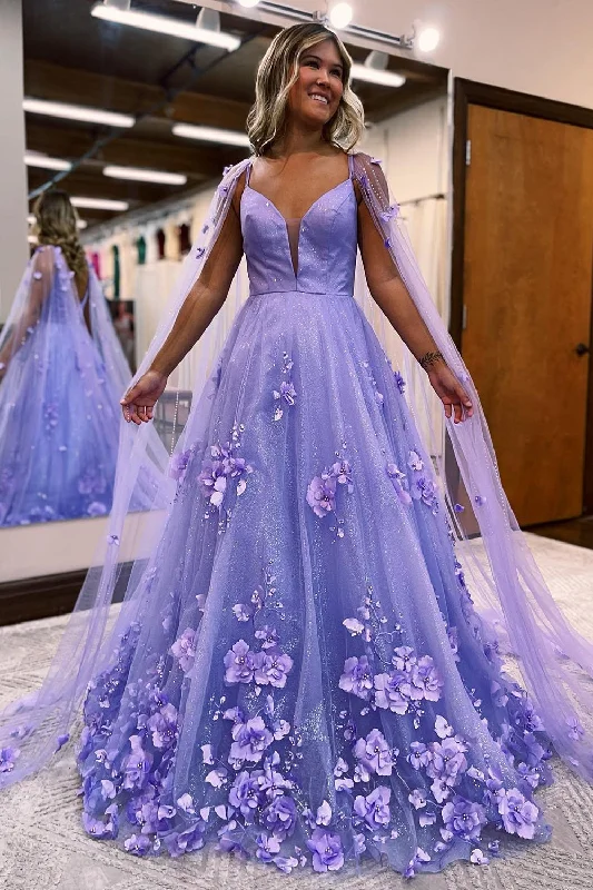 Fashionista Sale Limited - Stock Roycebridal Lavender 3D Floral Lace A-Line Prom Dress with Cape Sleeves