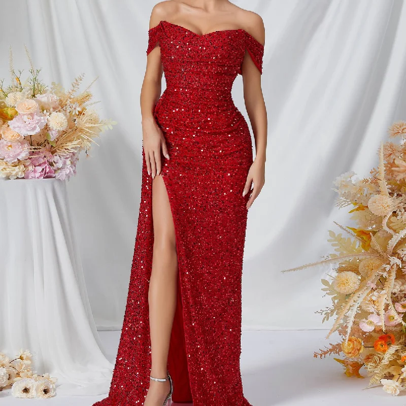 Mega Sales Effortless Grace Red Sequined High Slit Gown