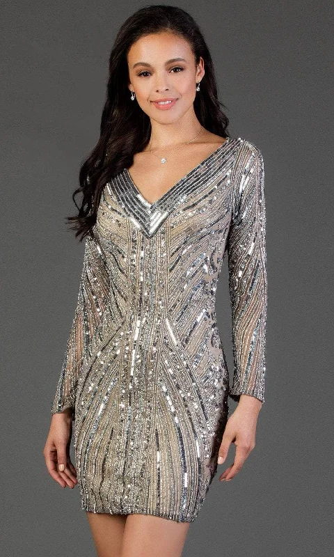 Minimalist Fashion Sale Great Deals On Ethnic Cultural Wear SCALA - Sequined Long Sleeve V-neck Sheath Dress 60056 - 1 pc Lead/Sil In Size 12 Available