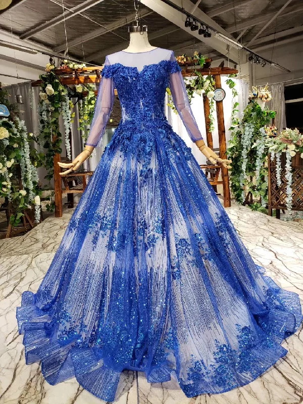 Spring Offer Effortless Sophistication Sheer Neck Tulle Blue Ball Gown Beaded Applique Long Sleeve Prom Dresses OP872