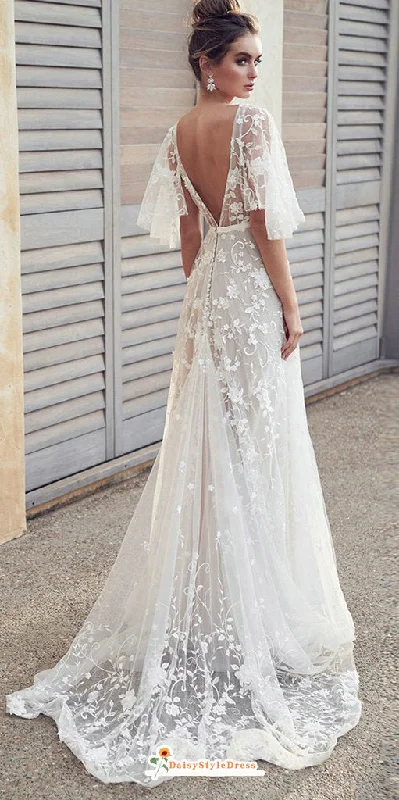 Fashion-Forward Offers Exquisite Craftsmanship Deep V-back Boho Lace Summer Wedding Dress