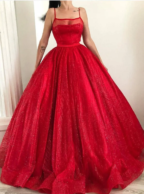 Special Offers Alluring Design Spaghetti-straps Square Sparkly Red Tulle Ball Gown Long Prom Dresses PO258