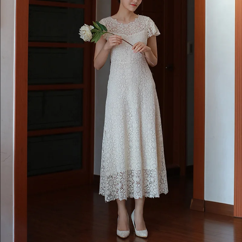 Browse Our Top Products Minimalist Office - Ready Style Scoop Short and Tea Length Lace Wedding Dress with Short Sleeve