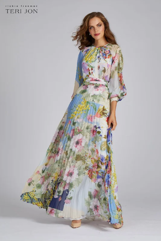 Minimalist Fashion Sale Seasonal Trend Patchwork Print Pleated Chiffon Maxi Gown