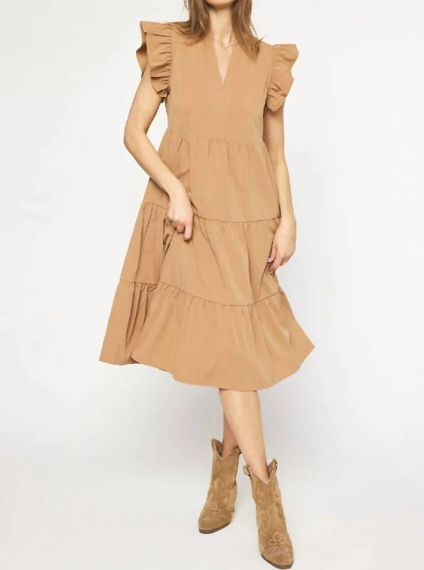 Seasonal Fashion Sophisticated Cut Ruffle Shoulder Midi Dress In Camel